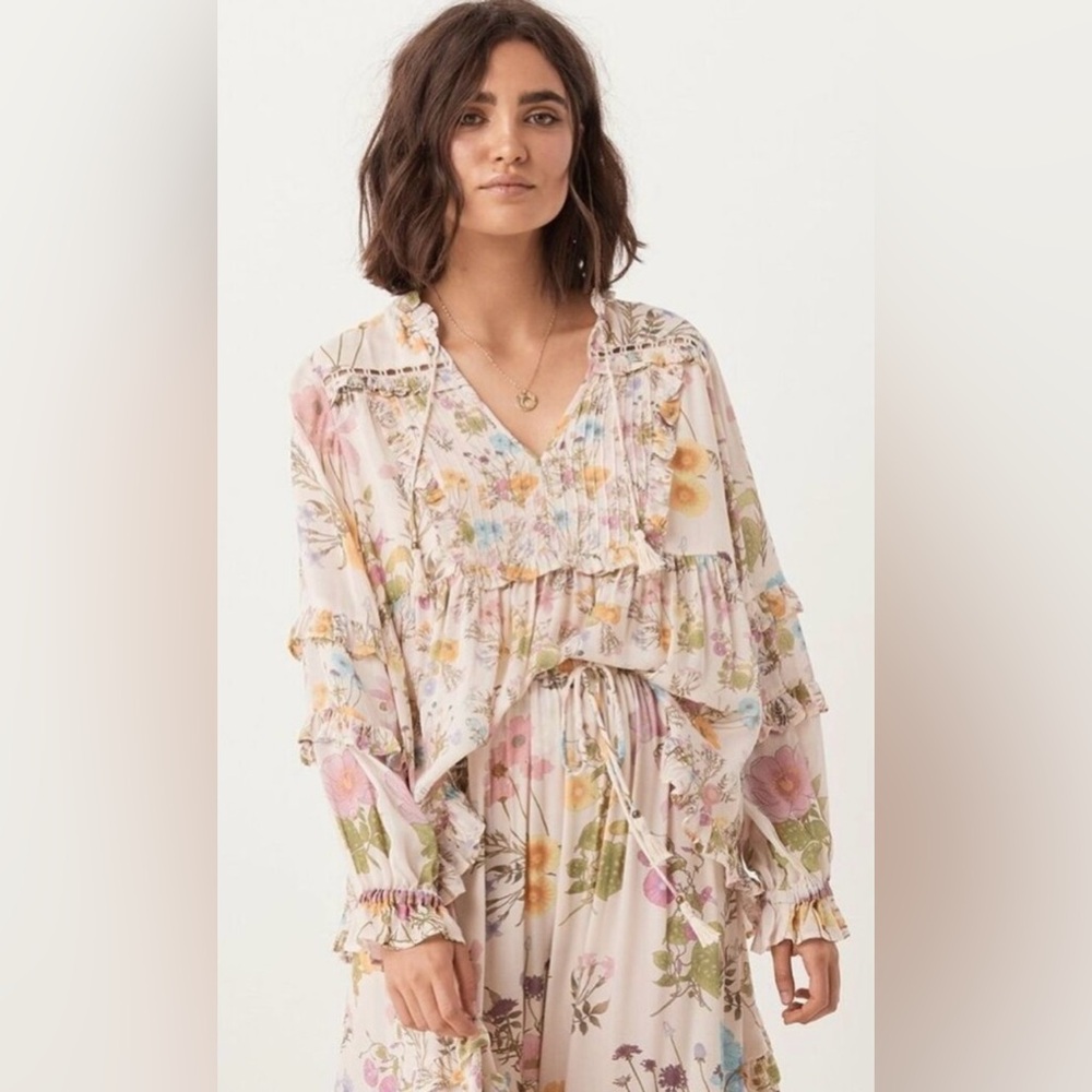 SPELL Wild Bloom Ruffle Long Sleeve Blouse Boho Cream Floral Medium